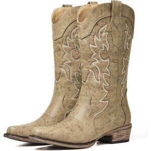 Women Brown Daily Wear with Pointed Toe Chunky Heel Embroidered Cowgirl Boots